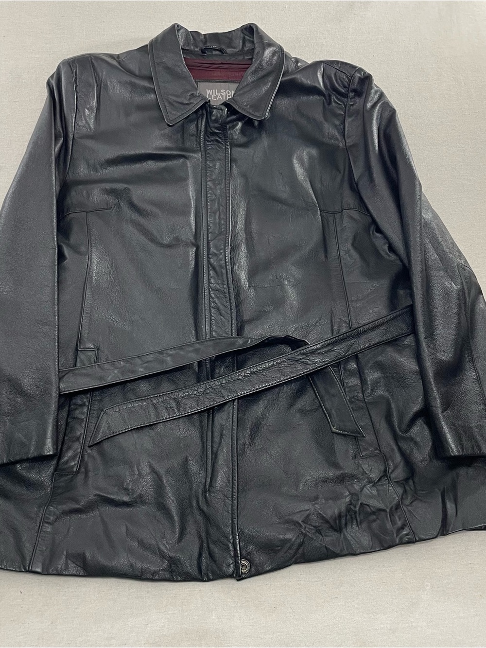 Wilsons Leather Coat Womens XL Black Belted 3M Thinsulate Red Quilted Lined